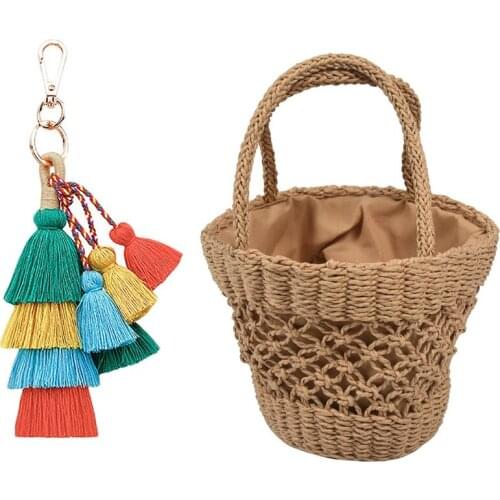 Fashion Beach Handbags Ladies Hand Bag with Vintage Boho Key Chain Multilayer Tassel Pendant