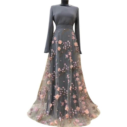 Muslim Fashion Flower Appliques Embroidered Prom Evening Dresses Abayas for Women Turkish Hijab Long Robe Big Swing Dubai Dress