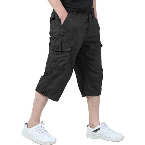 Men Long Length Cargo Knee Multi Pocket Shorts Summer Casual Cotton Elastic Waist Hot Breeches Male Military Short Plus Size 5XL