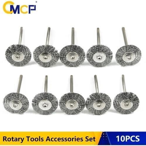 CMCP 10pcs 22mm Polishing Wire Brush Set 3.0mm Shank Stainless Steel/Brass/Nylon for Polishing Grinding For Dremel Rotary Tools