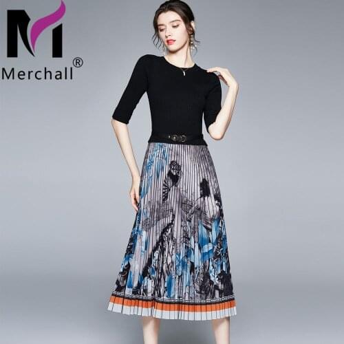 Merchall Runway Fashion Flower Print Dress Woman Knitting Patchwork O Neck Half Sleeve Pleated Belt Long Elastic Dress M77048