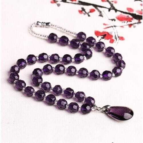 Silver Plated Water Drop Natural Purple Amethysts Crystal Pendant Long Beads Chain Necklace for Elegant Women Jewelry