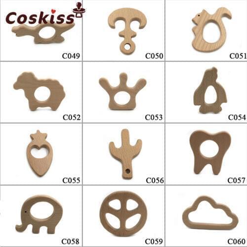 10pcs Smooth Beech Wood Baby Nursing Teether Cartoon animal Natural Wooden Teethers, Baby Teething Wooden Chewable Toys