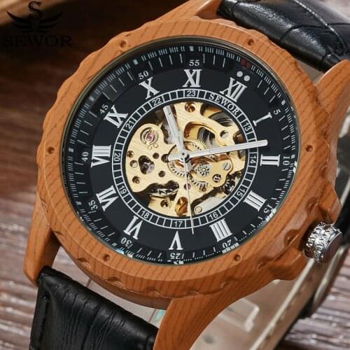 SEWOR Top Brand Luxury Mens Watch Men Wrist Watch Automatic Mechanical Skeleton Male Clock Military Wooden Case Clocks Gift