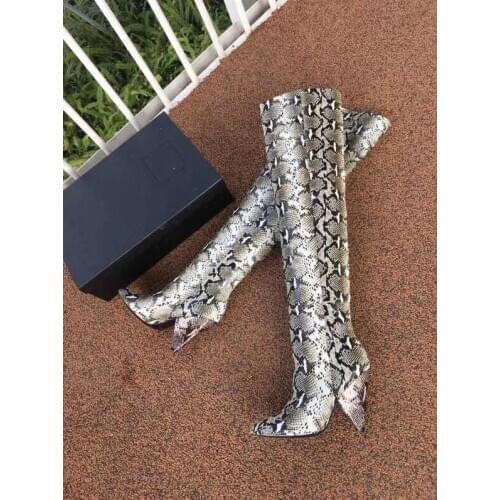 Real Picture Genuine Leather Snakeskin Boots Women Pointed Toe High Heel Over The Knee Boots Sexy 24 Inch Snake Long Booty Lady