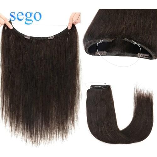 SEGO 16"-24" Fish Line Real Human Hair Extension Machine Remy Hair Invisible Wire Hair Extensions with 2Clips For Women