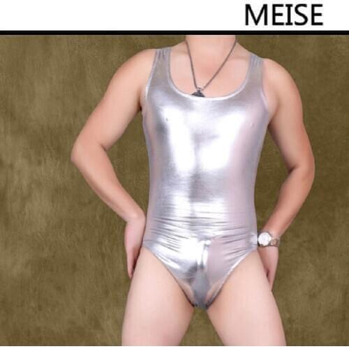 Sexy Shapewear Men Faux Leath Bodysuit Suit Body Shaper Leotard Lingerie Jumpsuits Cool Lustrous Subcoating Club Stage Underwear