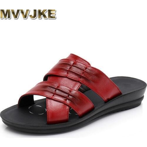 MVVJKE 2018 Summer Women Slippers Shoes genuine leather Open Toe Low heel shoes Women platform Slippers black Slides Flip Flops