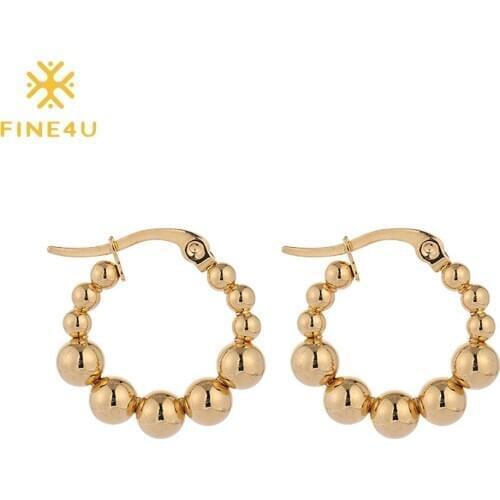 FINE4U E230 Women Gold Color Huggie Hoop Earrings Bead Ball Hoops Earrings Simple Delicate Handmade Hypoallergenic Jewelry Gift