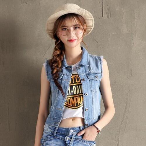 2019 Spring Summer Jeans Vests Women Slim Sleeveless Denim Blue Vests For Ladies Single Breasted Turn Down Collar Short Coats