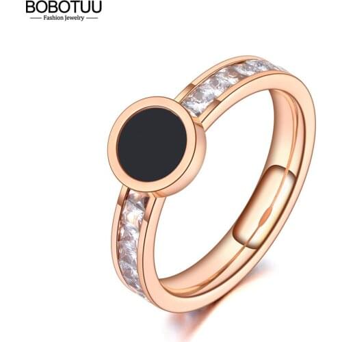 BOBOTUU Trendy Titanium Steel Black Acrylic Rings Rose Gold Original Design CZ Crystal Wedding Ring Jewelry For Women BR20053