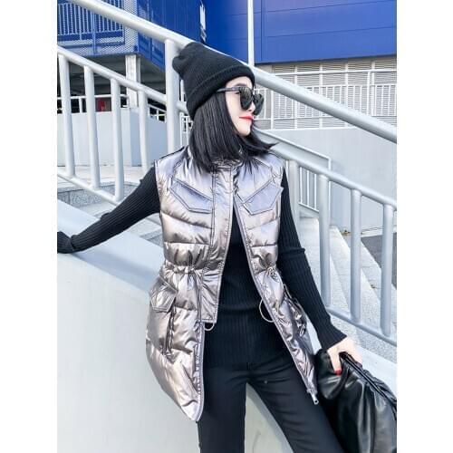 2021 Winter Womens Long Vest Shiny Solid Hooded Sleeveless Jacket Plus Size Stand Collar Cotton Padded Thick Casual Outwear