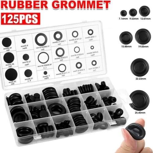 125pcs Rubber Grommets Blind Body Plugs Set Assortment Sizes With Plastic Box Wire Protective Coil Outgoing Ring