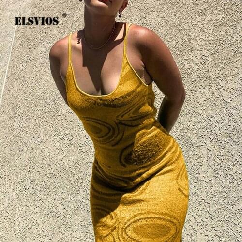 2021 Backless Spaghetti Strap Whirlpool Knit Dress Slim Bodycon Summer Party Dress Women Annual Ring Printing Hollow Out Dresses