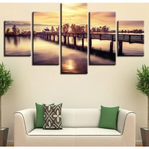5 Pieces Bridge Lake Sunset Landscape Canvas Paintings Modular Poster Artworks Pictures Framework Wall Art Decor HD Printed