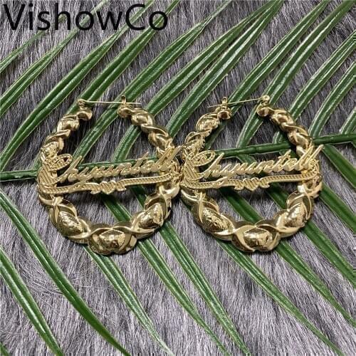 60mm Hiphop Sexy Custom Bamboo Hoop Earring Personalized Name Earring XOXO Bamboo Style Custom Earrings for Christmas Gift