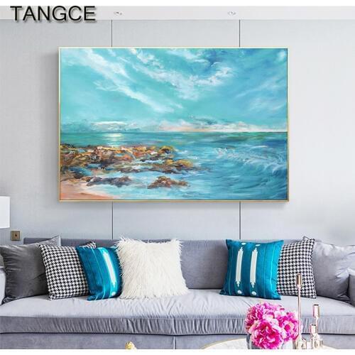 Abstract Blue Aegean Sea Canvas Painting Modern Wall Art Picture Tableaux for Living Room Nordic Blue Seascape Poster and Print