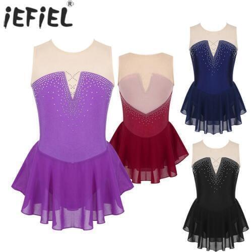 IEFiEL Kids Girls Sparkly Inlaid Rhinestone Mesh Splice Skating Ballroom Competition Ballet Dance Gymnastics Leotard Dress