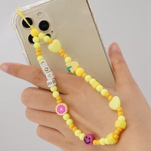 Acrylic Beads Crystal Chain For Phone Mobile Phone Lanyard Smile Cell Phone Chains 2021 LOVE Letter String Wristband Accessory