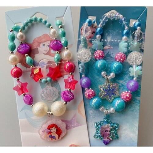 2pcs Disney Cartoon Frozen Princess Childrens Necklace Elsa Bracelet Sweater Chain Gift Birthday Gift Set
