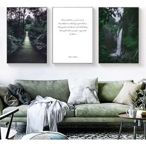 Green Plant Landscape Wall Text Art Painting Green Forest Waterfall Canvas Painting Modern Home Decoration Living Room Bedroom