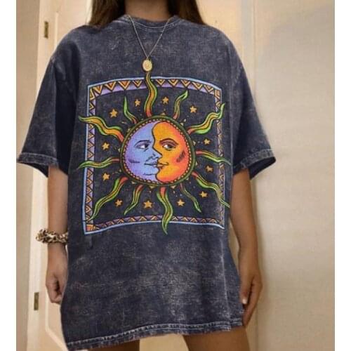 Harajuku Sun Moon Print T Shirt Oversized Women 2021 Vintage Short Sleeve Tees T-Shirt Femme Plus Size Clothing Top Tshirts
