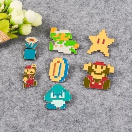 Classic Pixels Game Pins Vintage Childhood video games Big Brooches Luigi Jump Enamel Pin Badge Super Star Cartoon Jewelry