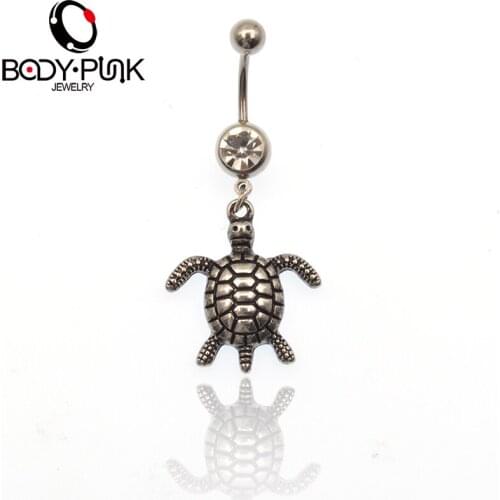 BODY PUNK Navel Belly Button Rings Clear Steel CZ Tortise Dangle Belly Ring Barbell Body Piercing Jewelry FreeShippingNR067