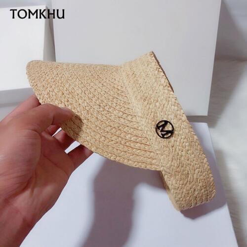 New Design Ladies Summer Handmade Raffia Straw Sun Visor Hat Empty Top Wide Brim UV Protection Adjustable Foldable Beach Caps
