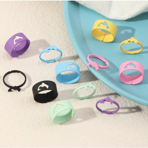 2 Pcs/set Fashion Design Open Rings for Women Ins Vintage Candy Color Ring Dolphin Spray Paint Ring Wholesale Jewelry