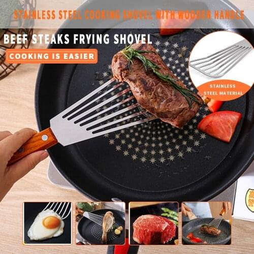 Newest 1PC Kitchen Stainless Steel Frying Spatula Non-slip Wooden Handle Steak Shovel Home Kitchen Cooking Barbecue Tools