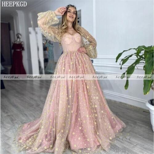 New Gold Stars Dubai Evening Dress Long Sleeve A Line Special Occasion Women Dresses Plus Size Formal Party Prom Gown Customize