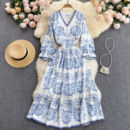 Croysier Dresses For Women 2021 Elegant Party Dress V Neck Flare Sleeve Lace Trim Boho Blue And White Floral Vintage Midi Dress