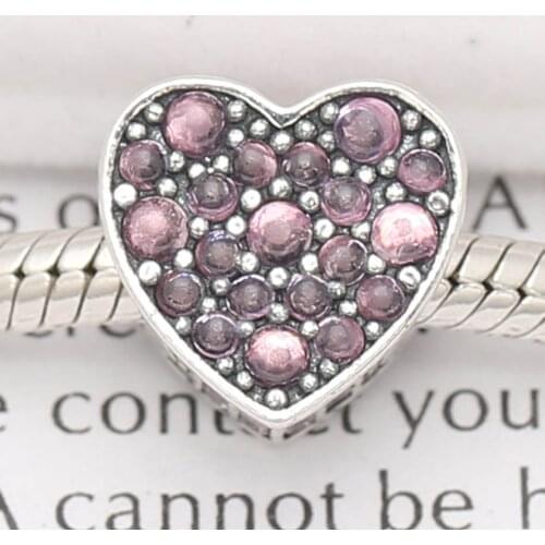 Authentic S925 Silver Bead DIY Jewelry Pink Dazzling Heart Charm fit Lady Bracelet Bangle