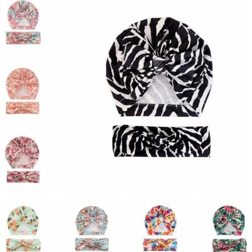 Vintage Print Bowknot Cap and Elastic Hairband Set Cute Flowers Pattern Bunny Ears Infant Headband Fashion Bows Baby Turban Hat