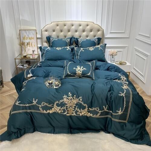 Luxury Embroidered 100S Egyptian cotton blue Royal Bedding sets Queen King Wedding Duvet cover Bed sheet set Pillowcases 4pcs