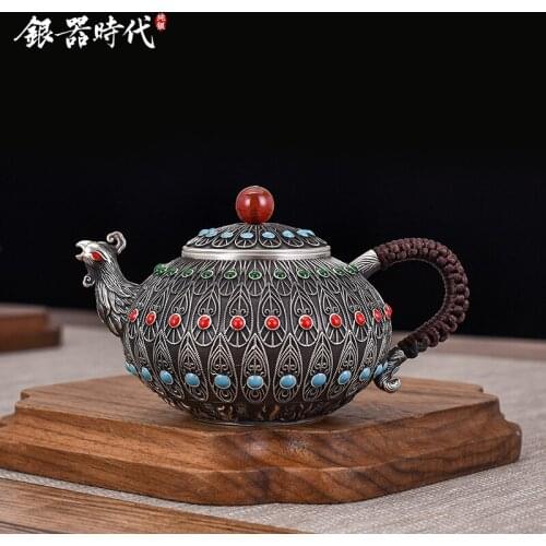 Silver age silver phoenix 999 teapot manual wire inlay silver refined cooking pot home tea tea pot
