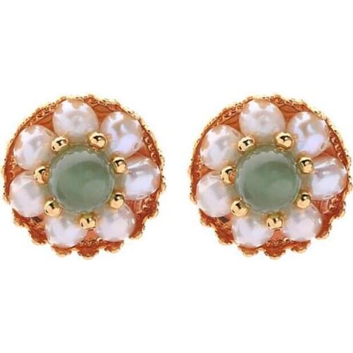 Natural Fresh Water Baroque Flower White Pearl Green Stone Stud Earrings For Women Jewelry Gift Elegant Exquisite Round Earrings