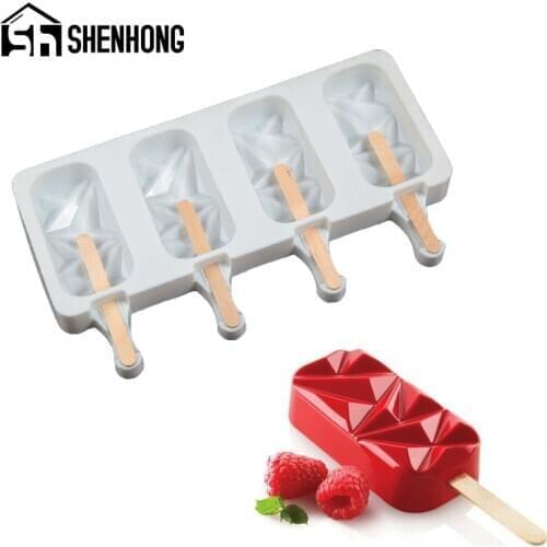SHENHONG Silicone Popsicle Mold 4 Cavity Ice Cream Maker Summer Child Dessert Cube Tray Freezer Juice Mould Kitchen Tool