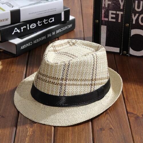 New Unisex Plaid Jazz Hat With Ribbon Curling Brim Cap Summer Beach Panama Caps Fedora Hats For Women And Men