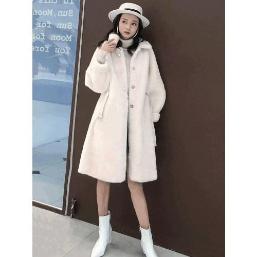 Vogue Real Natural Merino Sheep Double-faced Fur Coat Winter Jacket Women Belt Mink Fur Collar Genuine Leather Warm Outerwear