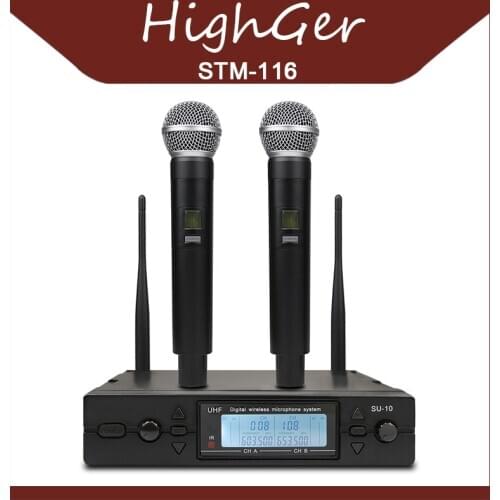 HighGer Professional 2 Handheld UHF Frequencies Dynamic 2 channels Wireless Microphone for Karaoke System Stage-Performance