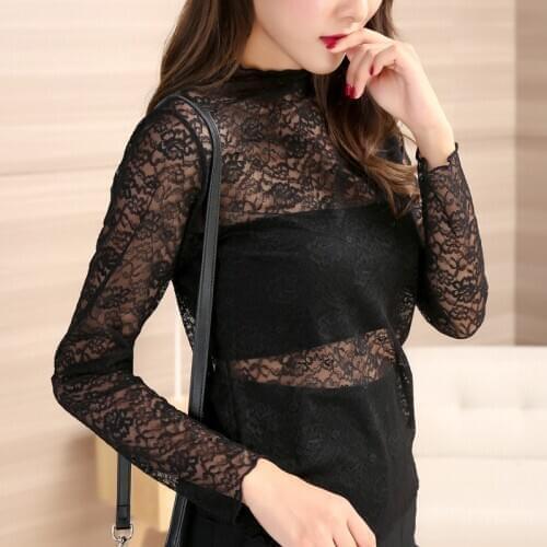 Lace shirt female 17 new winter coat in a long sleeved johns turtleneck perspective hollow lace slim lady shirt women underwear