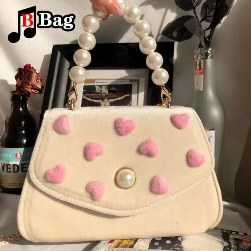 Women Retro plush love Handbag tote sweet Lolita pearl chain single shoulder bag JK Artificial leather Crossbody Bags