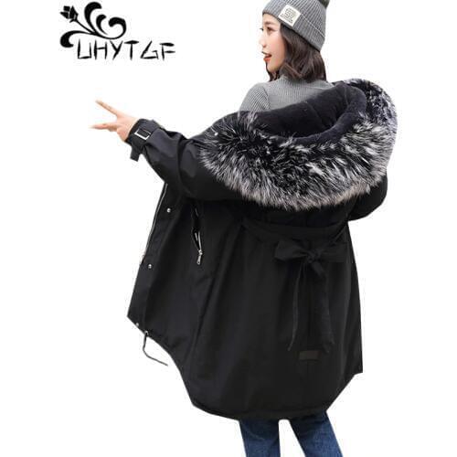 UHYTGF Quality down jacket winter jacket female fur collar hooded loose 3XL plus size coats Casual winter women parkas mujer 910