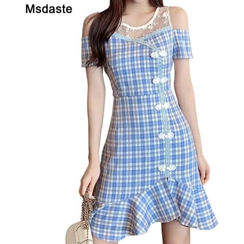 Women Dresses Summer 2020 New Lace Trumpet Mermaid Dress Plaid Elegant Ruffle Short Sleeve Chinese Button Lady Mini Dresses