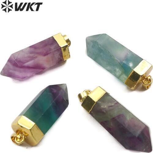 WT-P1467 Natural Stone Pendant Rainbow Fluorite Stone Multi Color With Gold Electroplated Pendant Woman Fashion Jewelry