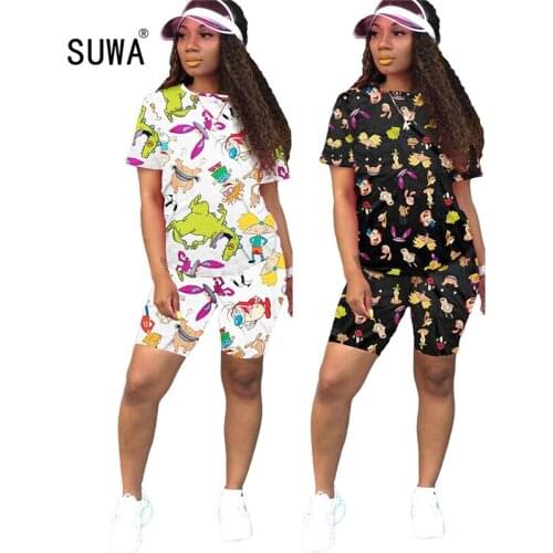 2020 women new colorful print short sleeve o-neck tee top + skinny above knee pants suit 2pcs womens sporty set tracksuit
