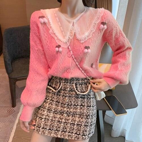 Korean White Cardigan Heavy Pearl Tassel Sweater for Women Cute Student Coat Cardigans Turn-down Collar Knit Pull Cherry