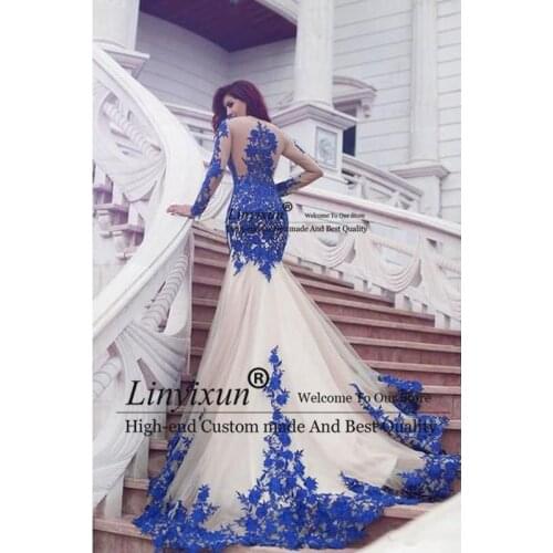 Sexy 2020 New Arrival Scoop Neck Long Sleeve Royal Blue Lace Evening Dresses Mermaid Lace Tulle Court Train Prom Dresses